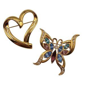 Trifari Gold Tone Butterfly Heart Summer Fairycore Whimsy Cute 2PC‎ Brooch Set